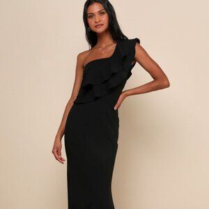 Lulus Grand Beauty Black Ruffled One-shoulder Mermaid Maxi Dress - Size L